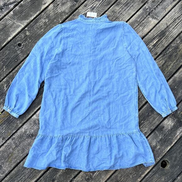 LOFT NWT Chambray Ruffle Flounce Swing Dress Blue Size Large $90 Retail - Picture 3 of 8